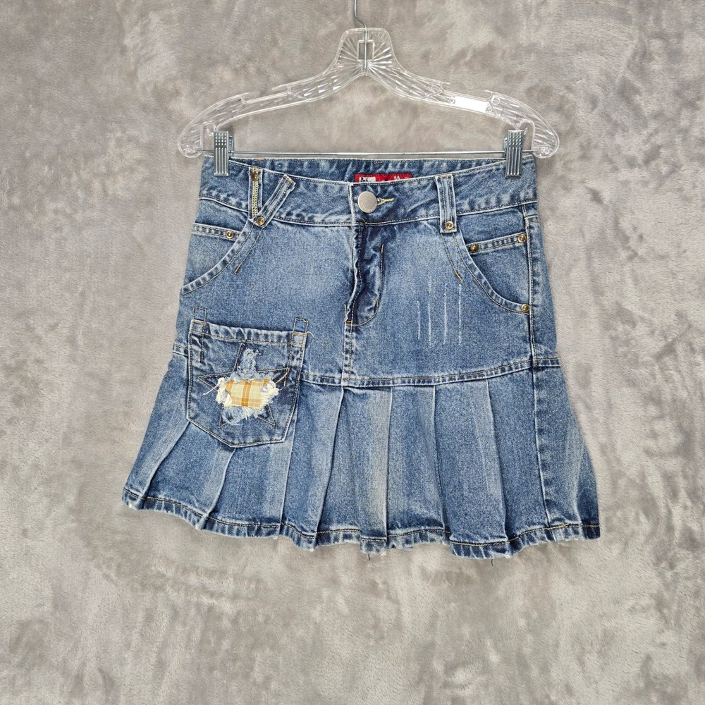 Babu Denim Skirt Girls L Blue Pleated Star Plaid Patch Distress Y2K Grunge Cyber